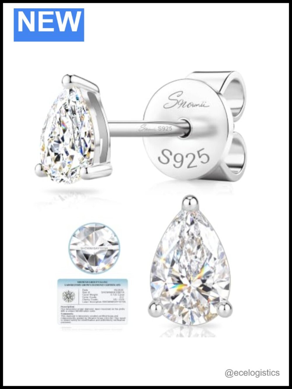 Lab Grown Diamond Stud Earrings Pear Cut 14k Gold Plated Sterling Silver Push